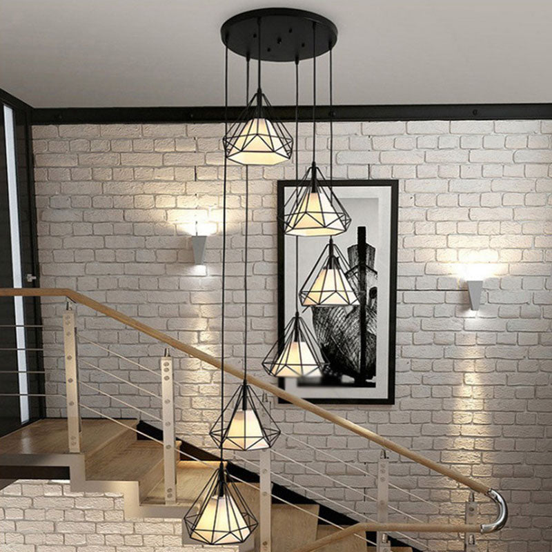 Sleek Black Spiral Diamond Cage Pendant Light With 6 Bulbs - Ideal For Stairwell Or Suspension