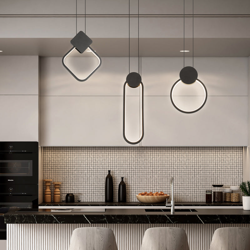 Nordic Led Suspension Light Fixture For Bedroom - Black Circular Hanging Lamp With Metallic Touch