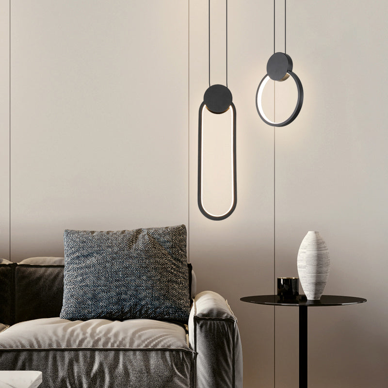 Nordic Led Suspension Light Fixture For Bedroom - Black Circular Hanging Lamp With Metallic Touch