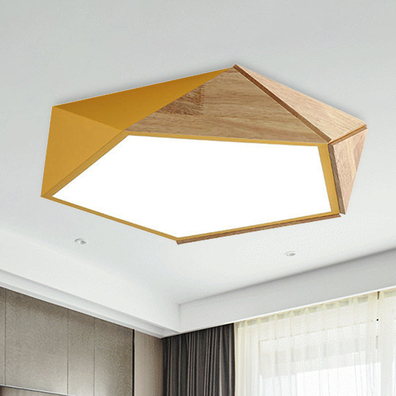 Macron Style Pentagon Study Room Ceiling Lamp In Green/Pink/Yellow - Acrylic & Wood Led Mount Light