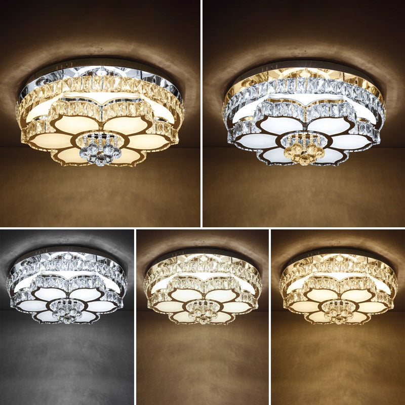 Modern White Led Crystal Flower Ceiling Light For Living Room With Flush Mount Design / 23.5