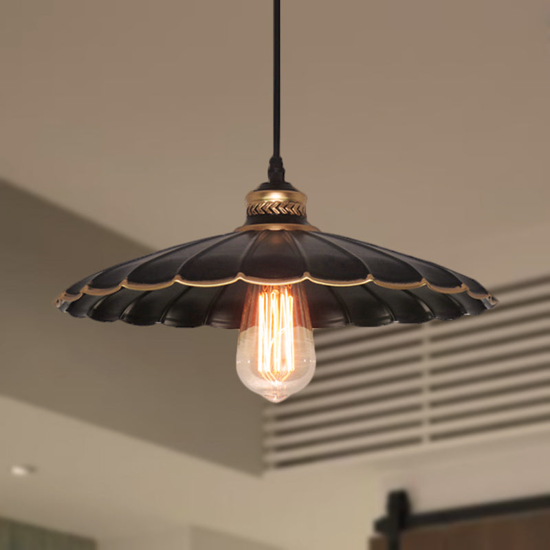 Vintage Industrial Black Metal Pendant Ceiling Light | Scalloped Hanging 10 Or 14 Ideal For