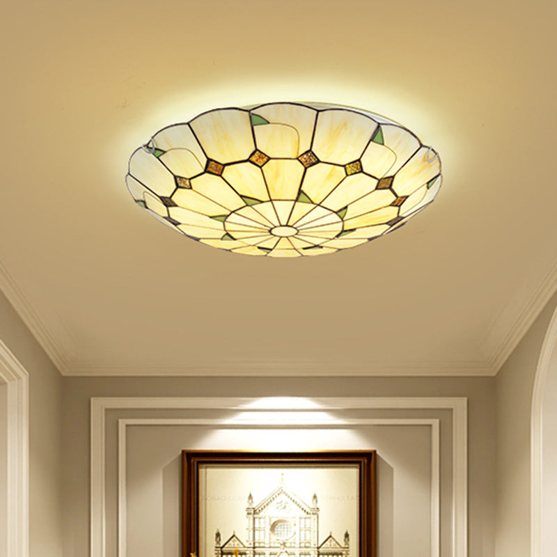 Vintage Tiffany Stained Glass Ceiling Light With Leaf Pattern - Flush Mount Led Lamp For Living Room
