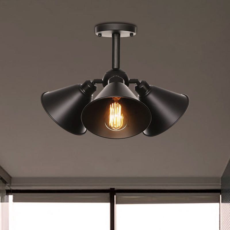 Vintage Indoor Ceiling Light - Black Flush Mount With Metallic Cone/Saucer Shade / Cone