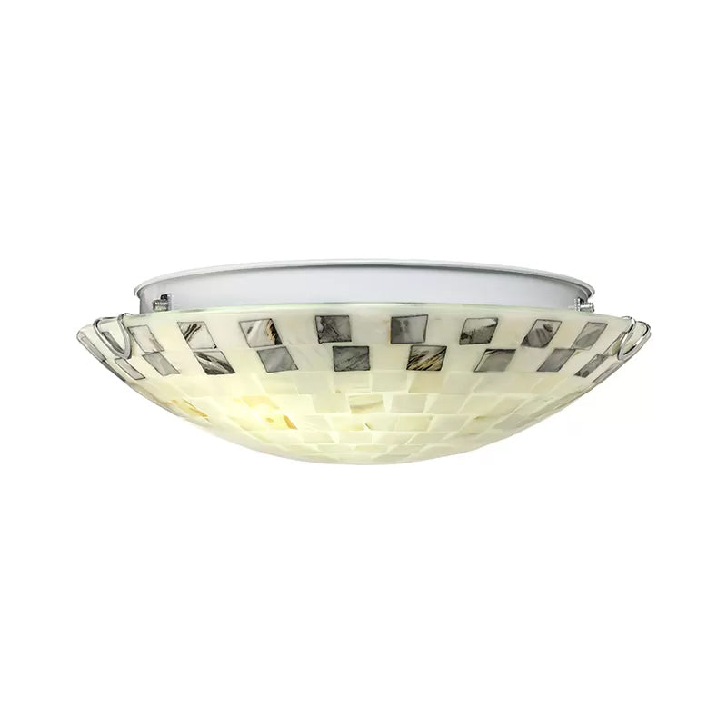 Vintage Mosaic Glass Flush Mount Ceiling Light - Beige Bowl 1 Bulb 12/16/19.5 Wide Ideal For Dining
