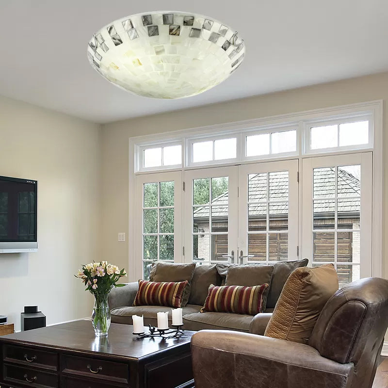 Vintage Mosaic Glass Flush Mount Ceiling Light - Beige Bowl 1 Bulb 12/16/19.5 Wide Ideal For Dining
