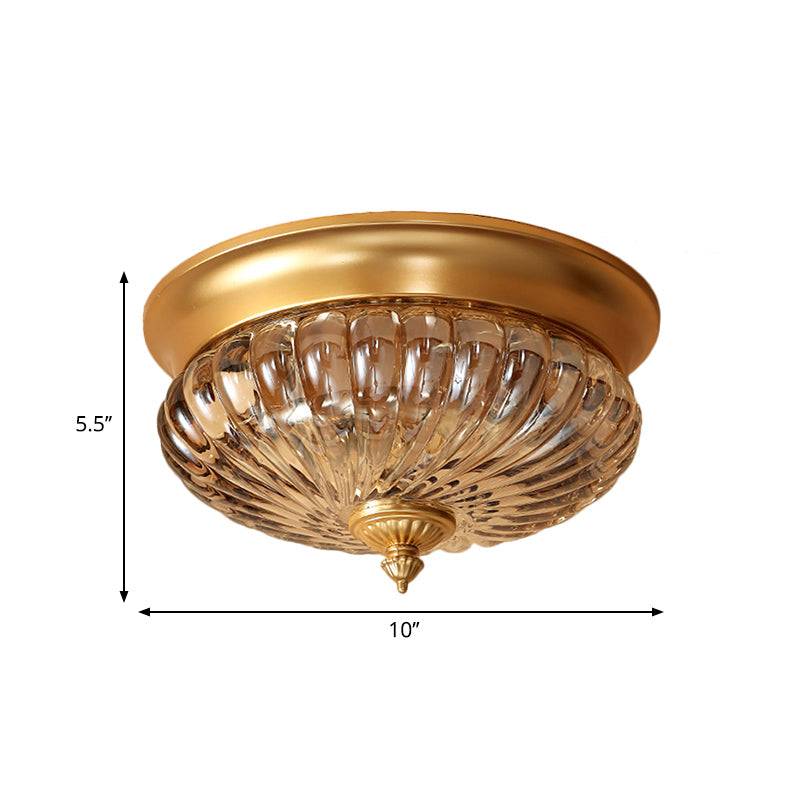 Brass Flush Mount Lamp With Prismatic Glass Dome For Corridor - 2 Heads Colonial Style 10/12 W