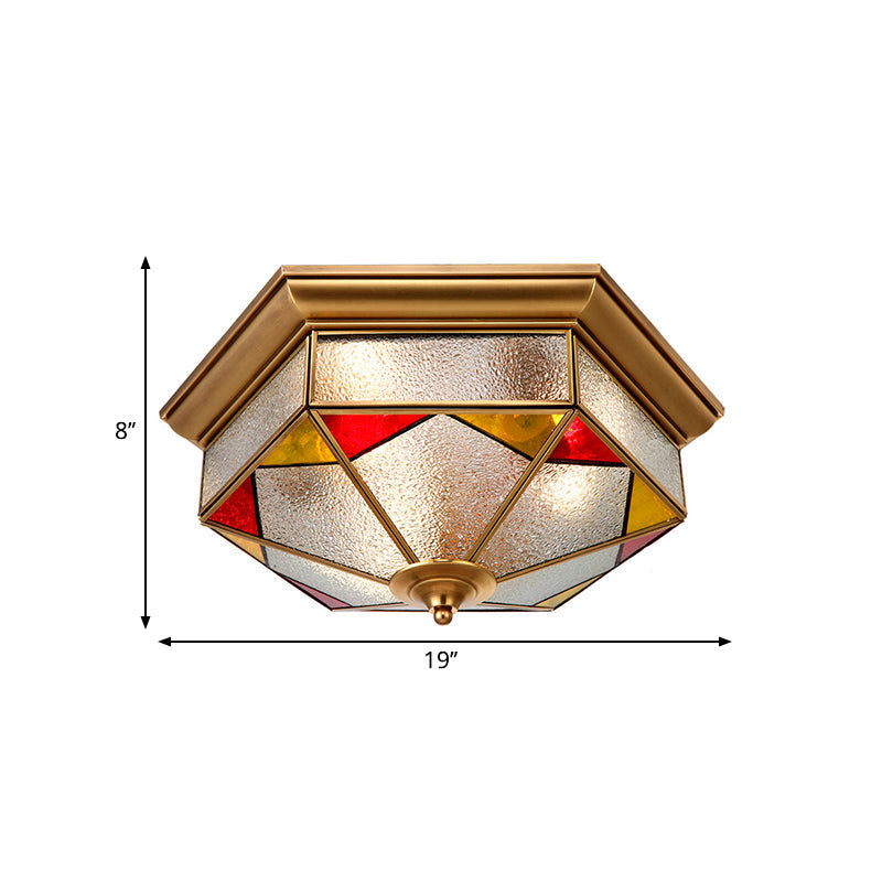 Hexagonal Red Bubble Glass Flush Mount Lamp For Bedroom - 2/3 Heads 12.5/19 W