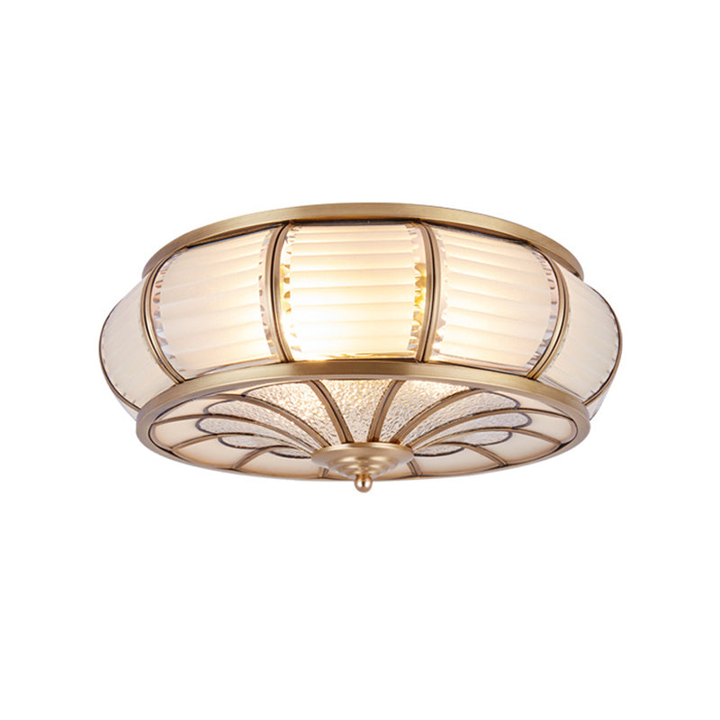 Colonial Cream Glass Drum Ceiling Lighting - 3/4 Heads Flush Mount Fixture Brass Finish 14/16.5