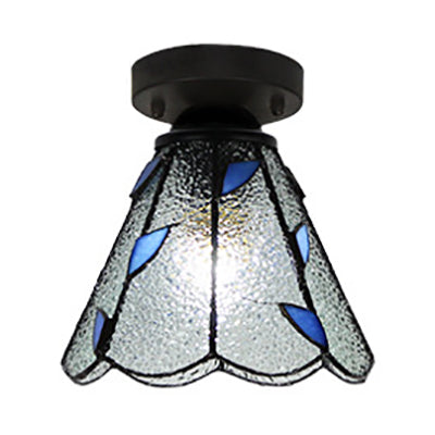 Vintage Stained Glass Conic Ceiling Light Fixture In White/Clear/Beige For Bedroom Clear