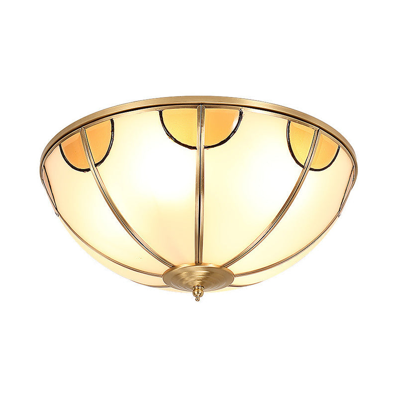 Sandblasted Glass Dome Colonial Brass Ceiling Light - 3-Light Flush Mount For Living Room