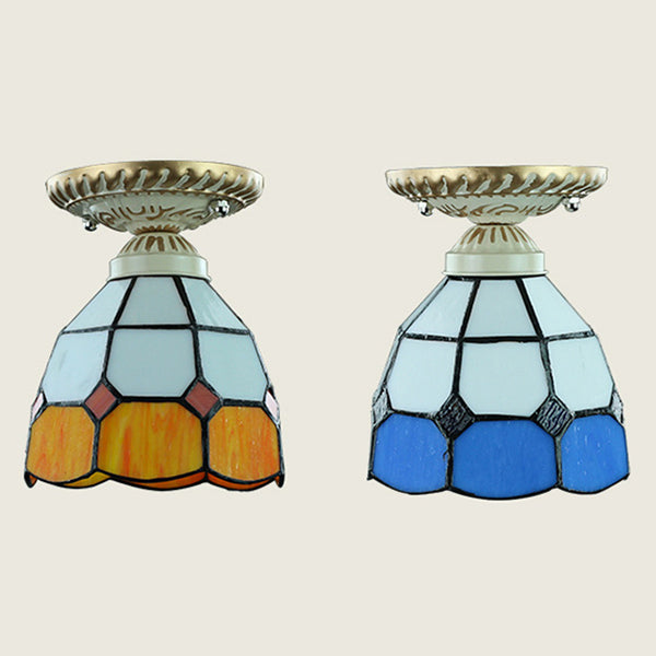Vintage Stained Glass Dome Ceiling Light Fixture In Orange/Blue For Hallway