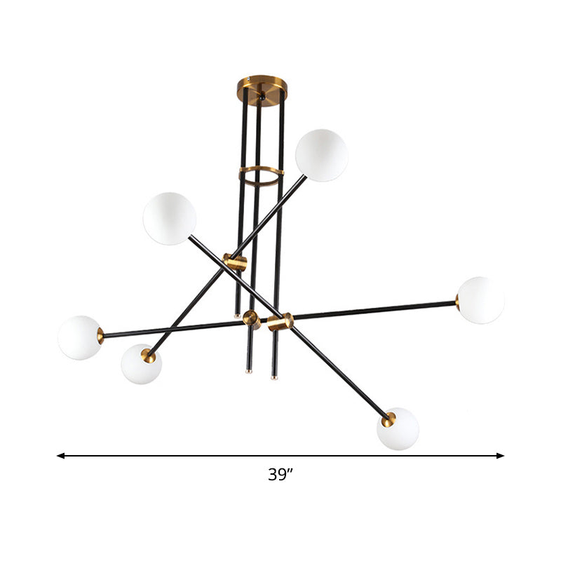 Minimalist Metal Hanging Lamp With Globe Opal Glass Shades - Black Chandelier Light (6 Heads)