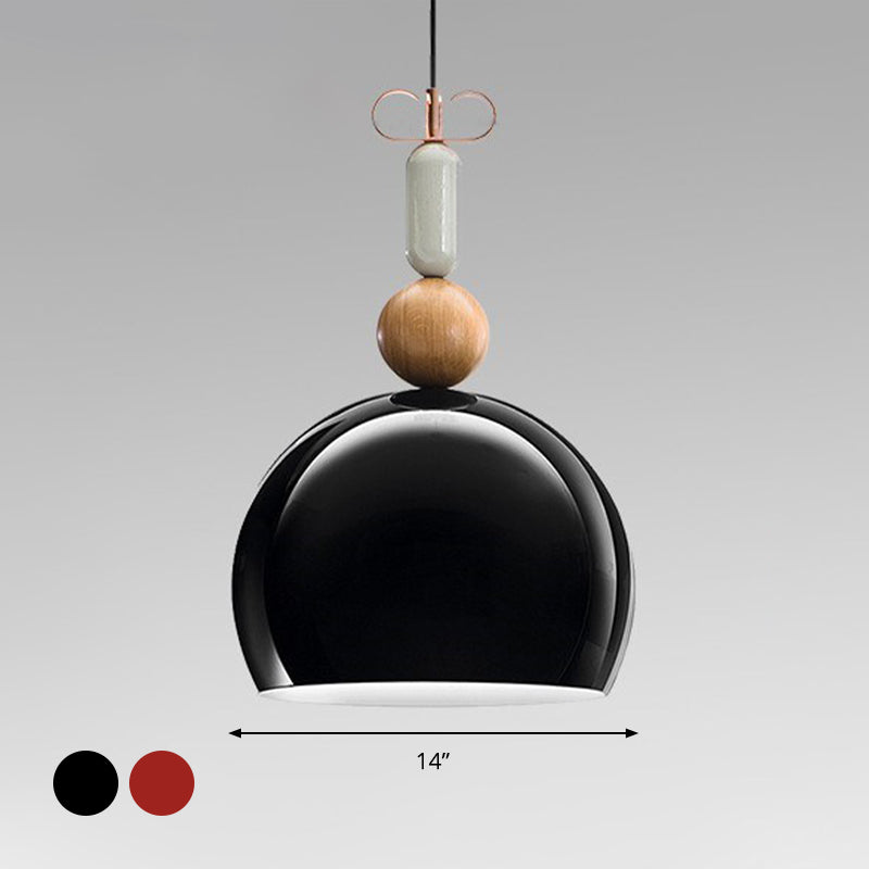 Contemporary Metal Domed Pendant Light Kit - 1 Down Lighting In Black/Red For Living Room