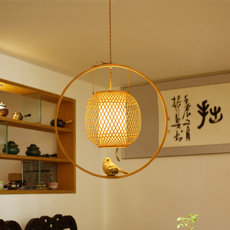 Bamboo Ceiling Light: Modern Globe Bird Deco Hanging Lamp Kit In Beige