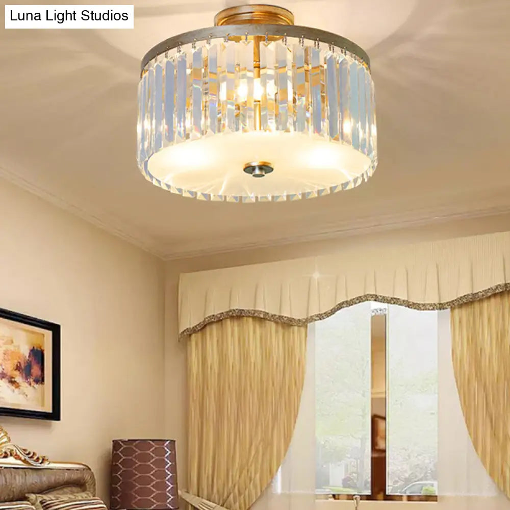 3-Light Crystal Drum Flush Mount Ceiling Lamp In Chic Gold/Silver/Black For Dining Room