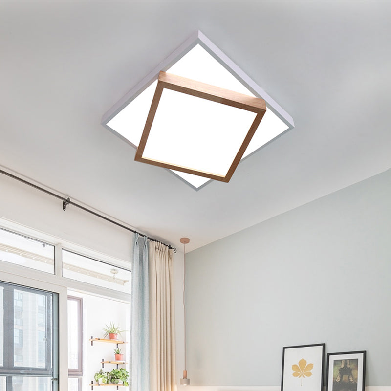 Modern 2-Tier Wood Led Ceiling Light For Living Room In White/Warm - Square Flush Mount