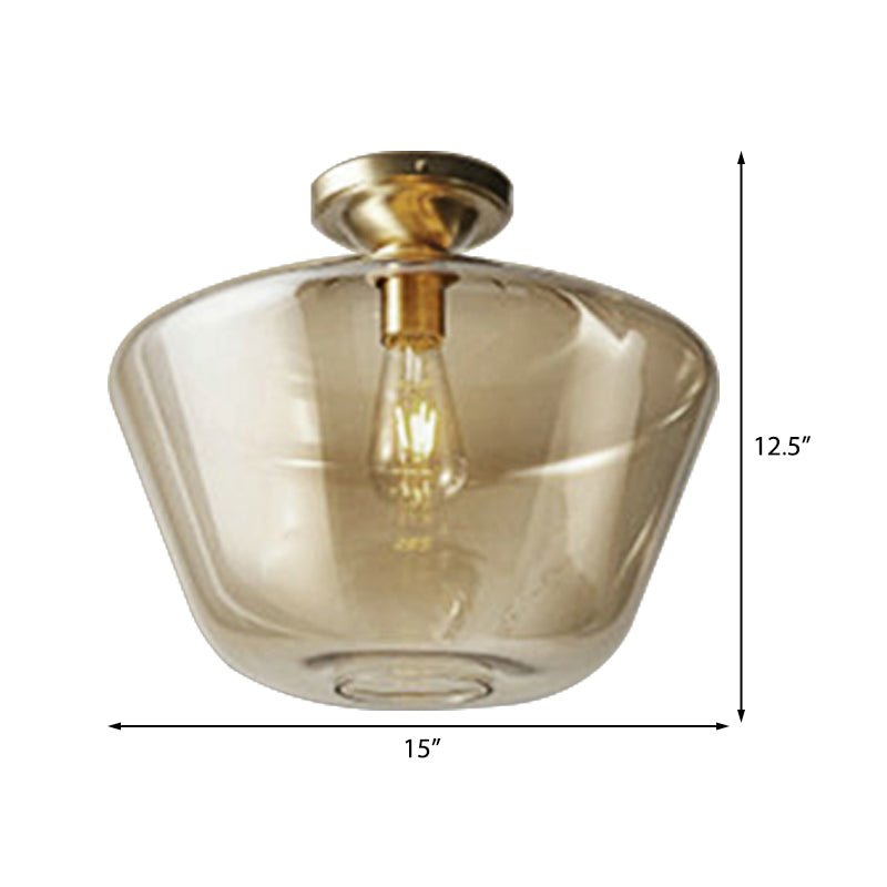 Contemporary Brass Flush Ceiling Fixture With Amber Glass Lampshade
