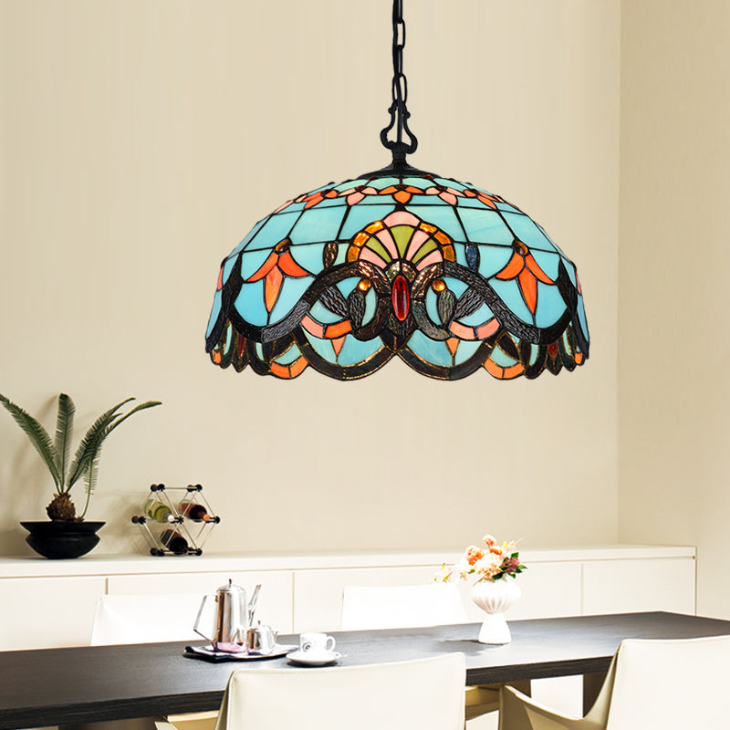 Blue Cut Glass Pendant Light Kit - Domed Mediterranean Suspension Fixture 12/16 Width 1 / 12