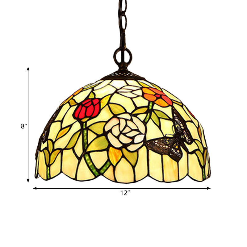 Mediterranean Bronze Kitchen Chandelier Pendant Light With Red/Yellow Cut Glass Shade - 12/16 W