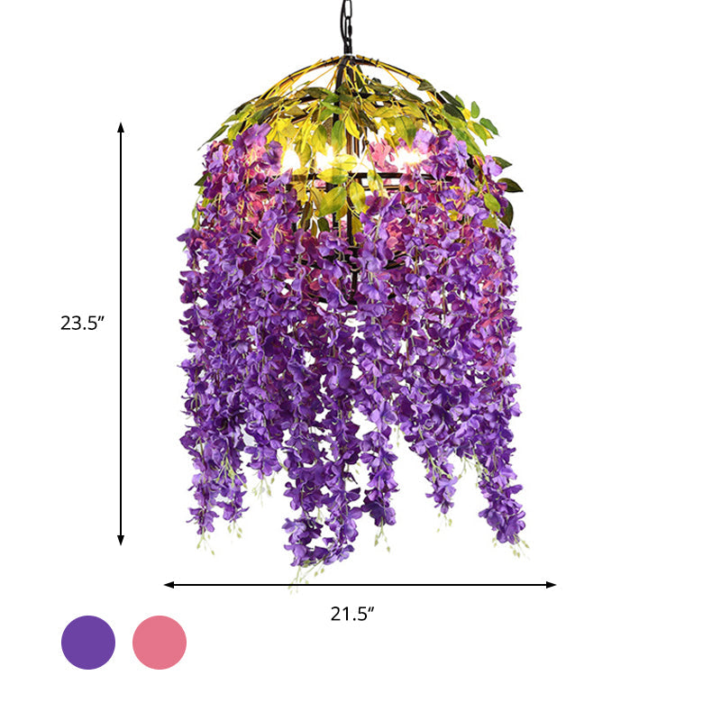 Metal Dome Pendant Chandelier With Pink/Purple Shades & Plant Design - 4/5 Heads 18/21.5 Wide
