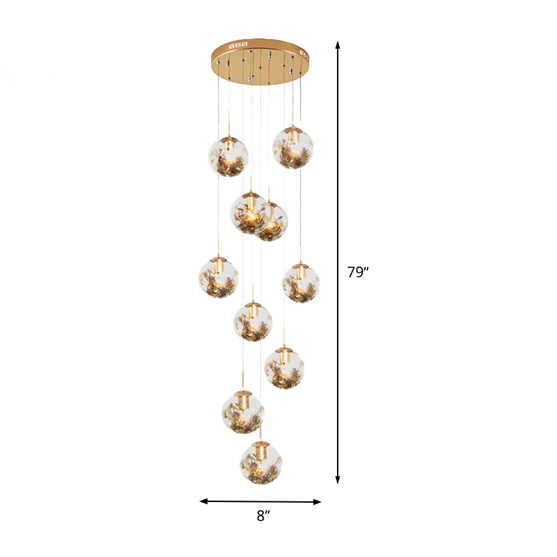 Contemporary Gold Ball Chandelier With Amber Dimpled Glass Pendant Bulbs - 10-Bulb Multi-Light For