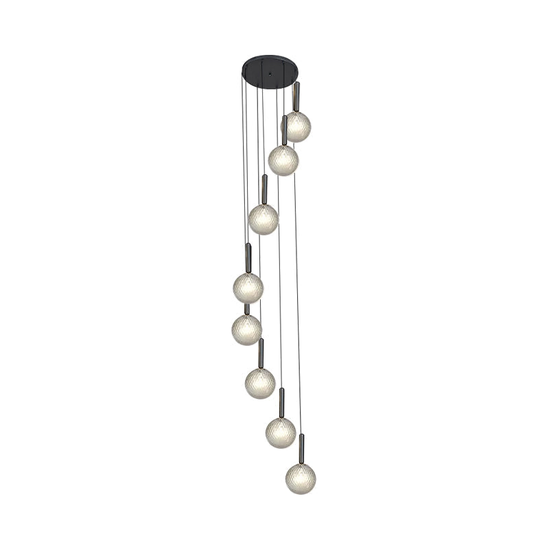 Spiral Multi Light Pendant With Lattice Glass - White/Clear Modern Design 8/9 Heads Black Hanging