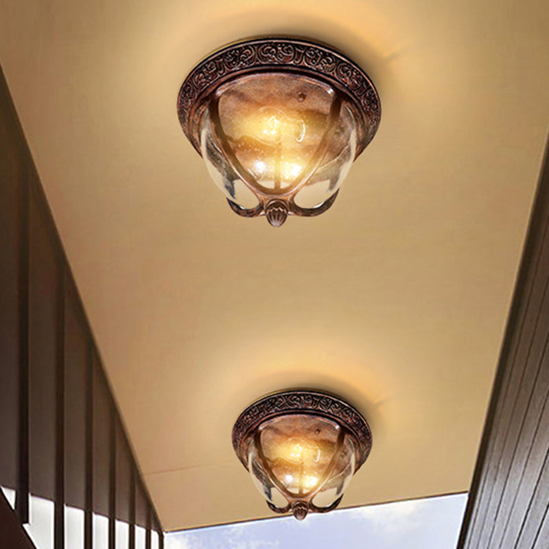 Vintage Copper Outdoor Flush Lighting With Seeded Glass And 2 Bulbs For Balcony