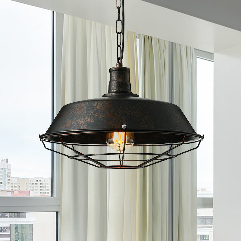 Rust Finish Retro Barn Pendant Lamp With Wire Guard - Ideal For Living Room Ceilings