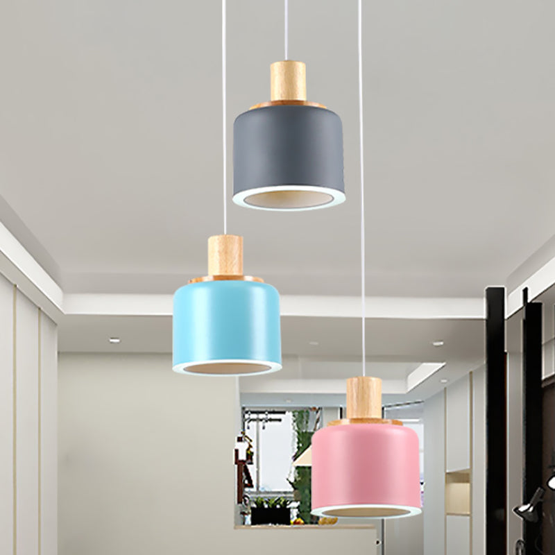 White Small Drum Cluster Pendant Light With Wood Top - Minimalist Design 3 Heads Metallic Ceiling