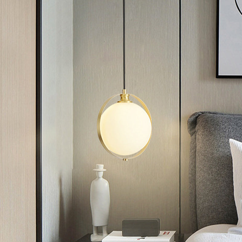 Sleek White Frosted Glass Pendant Light With Brass Ring - Modern Bedside Ceiling Lamp