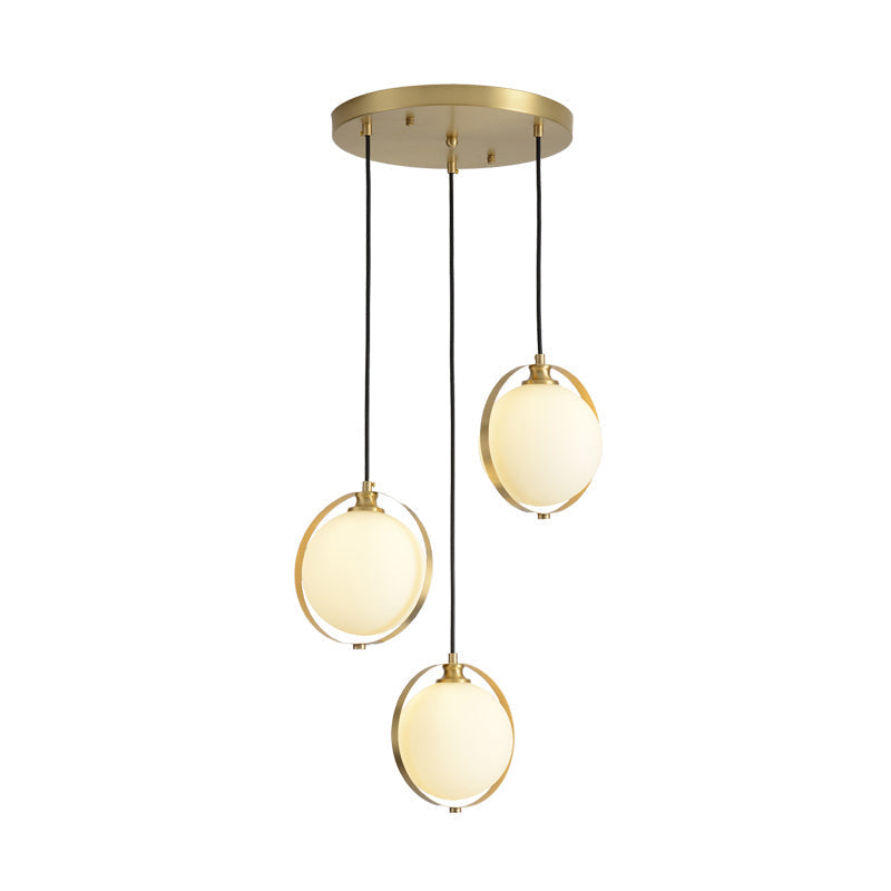Modern Opal Glass Ball Suspension Pendant Lamp With 3 Heads In Gold