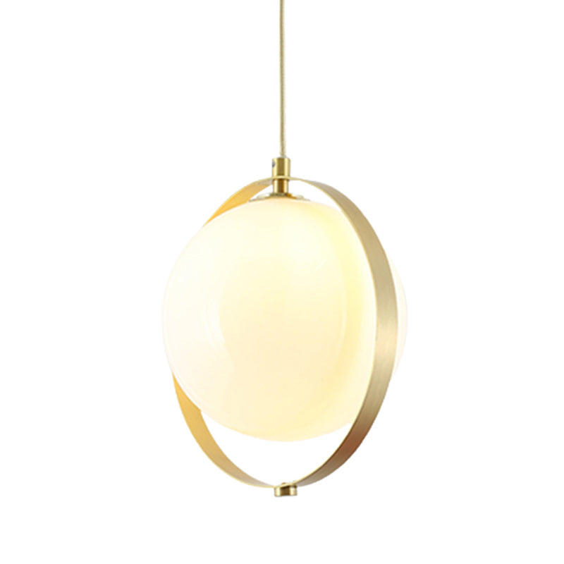 Modern White Glass Pendant Light Kit With Brass Ring - Globe Design