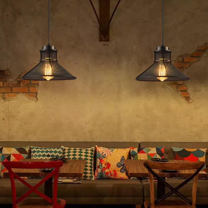Mesh Cage Pendant Light Industrial Metal Rust/Black - Cone Shade 1 Bulb Restaurant Ceiling Lamp