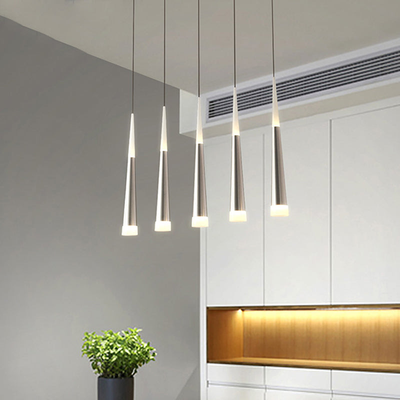 Modern Tapered Hanging Lamp With 5/6 Silver Metal Heads - Stylish Pendant Light For Dining Room In