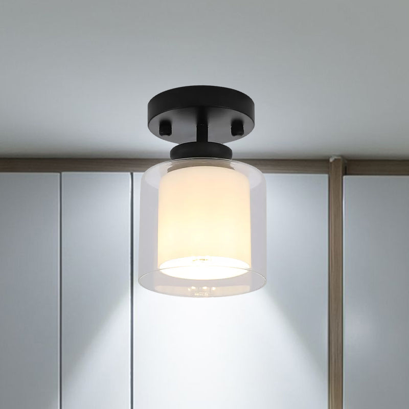 Contemporary Cylinder Semi Flush Ceiling Light With Glass Shade - Black/Silver/Gold Finish 1 Bulb