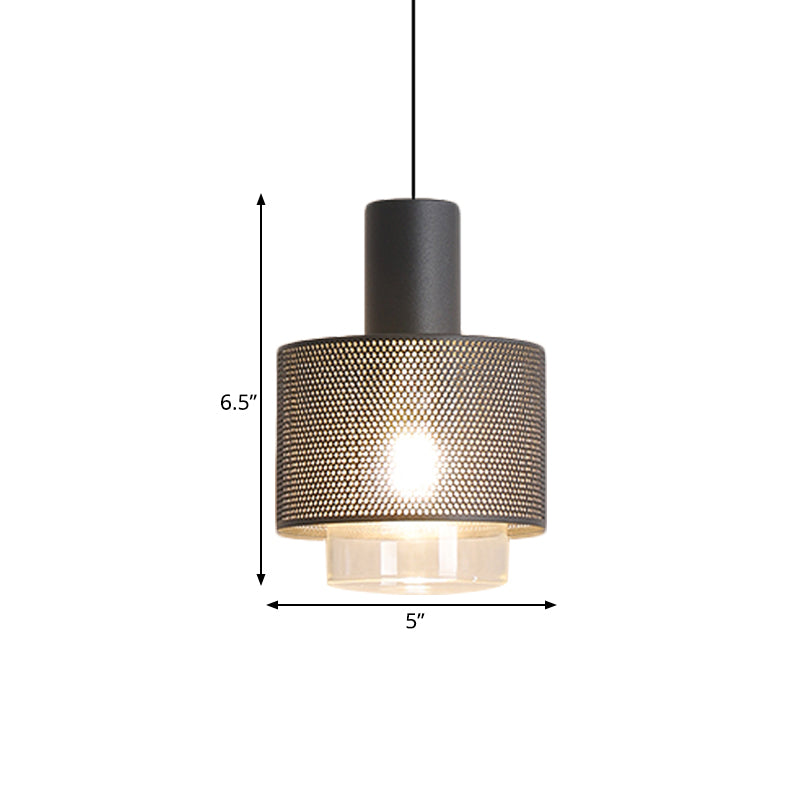 Modern Drum Mesh Pendant Ceiling Lamp With Clear Glass Shade Black Iron 1-Head Bedside Hanging Light