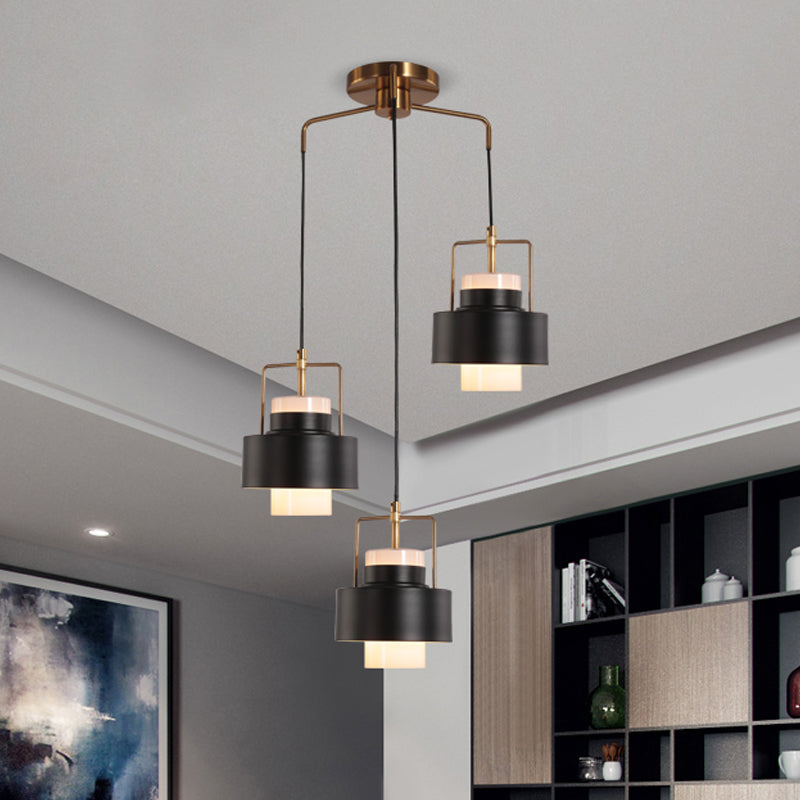Modernist Drum-Shaped Metal Pendant - 3-Light Black Suspension Lamp