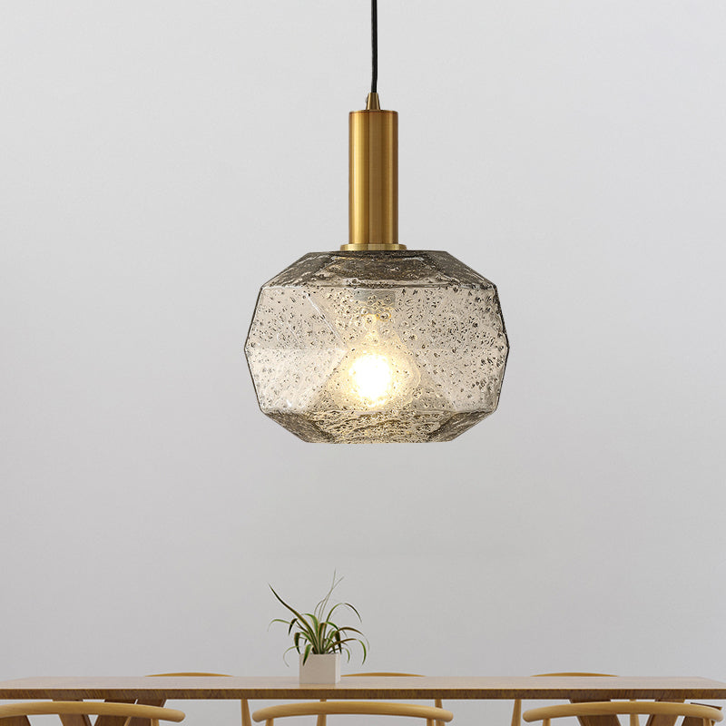 Post Modern Brass Bedside Pendant With Faceted Smoke Gray Glass Shade