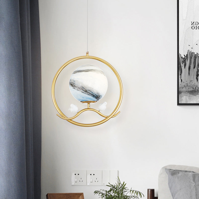Gold Metallic 1-Light Hanging Lamp: Post Modern Ring Pendant With Planet Glass Shade & Bird Deco For