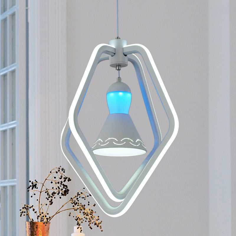 Pendant Lamp: Minimalist Led White Bell Inside Acrylic Dual Pentagon Frame Hanging Lighting