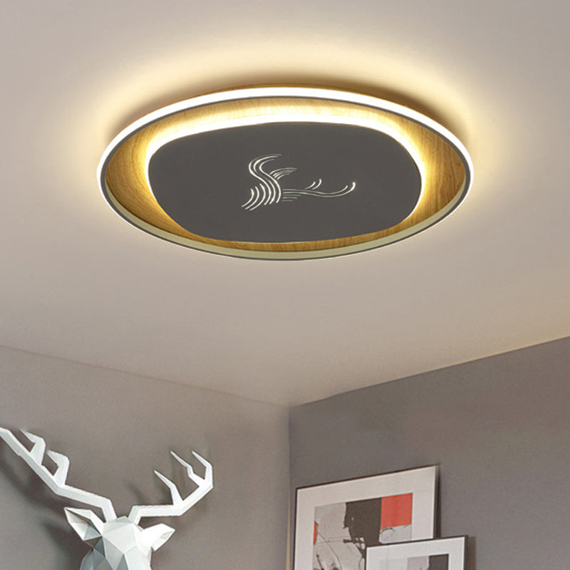 Modern Metal Arc Square Flush Light With Led Black/Grey/Green Ceiling Round Wood Canopy -
