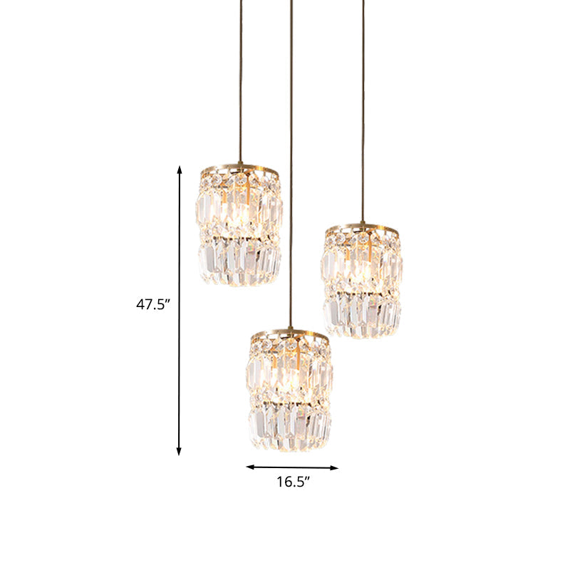 Modern Crystal Pendant Lamp With 3-Bulb Brass Finish Hanging Light Fixture And Linear/Round Canopy