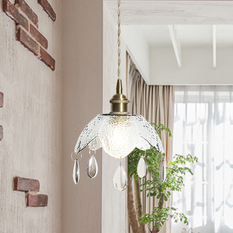 Vintage Brass Scalloped Bowl Pendant Lamp - Clear/Smoke Gray Water Glass 1 Bulb Hanging Lighting