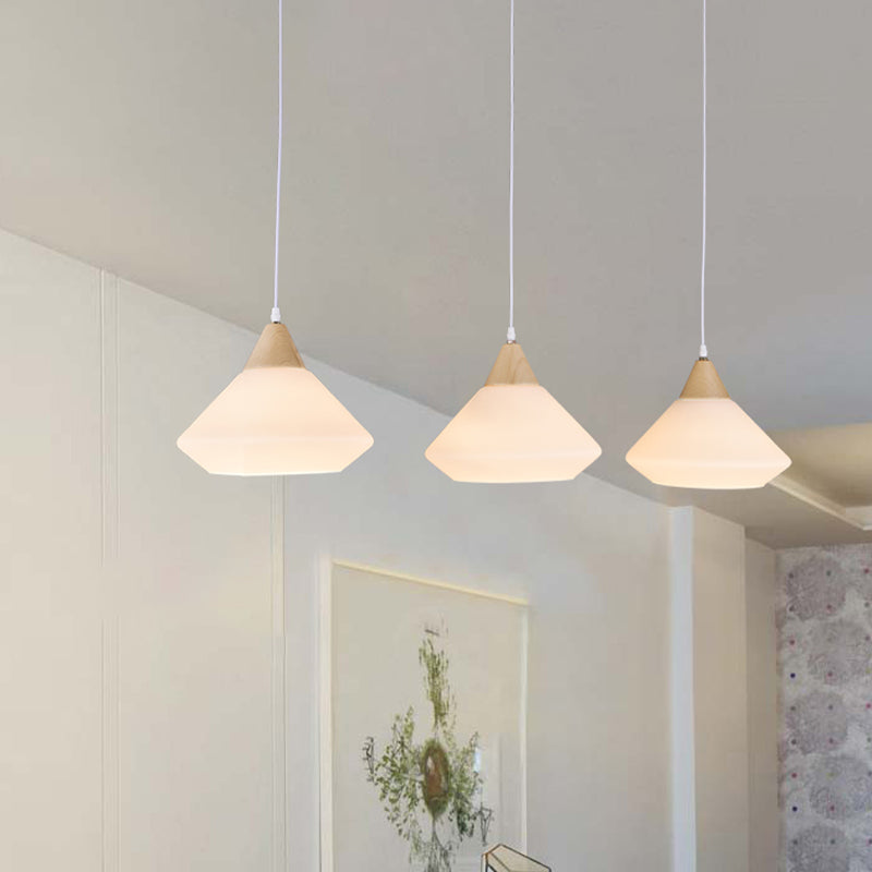 Simple Wood Cone Pendant Light With Cream Glass - 3 Bulbs Hanging Ceiling Lamp Fixture
