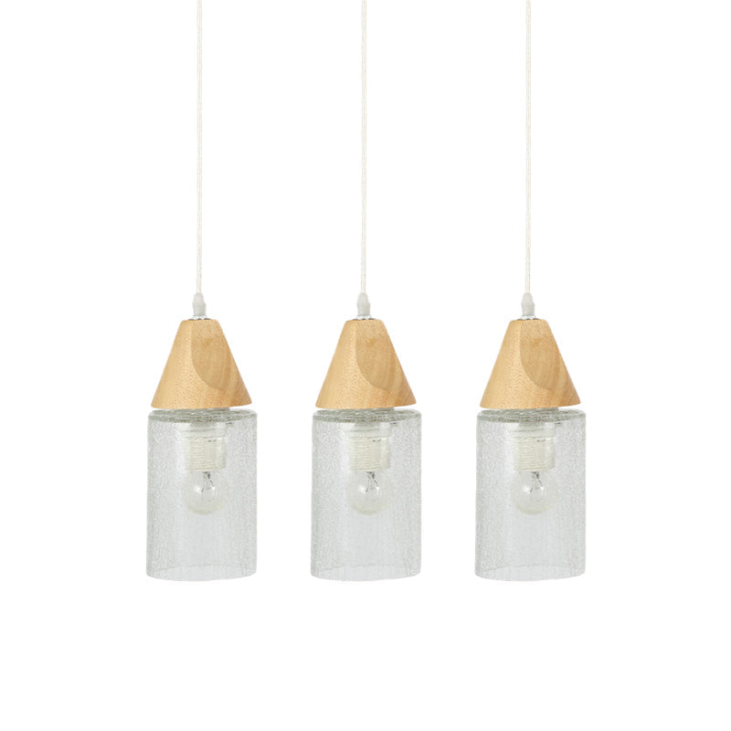 Modern 3-Bulb Wood Suspension Lamp: Clear Cracked Glass Tube Pendant For Dining Room