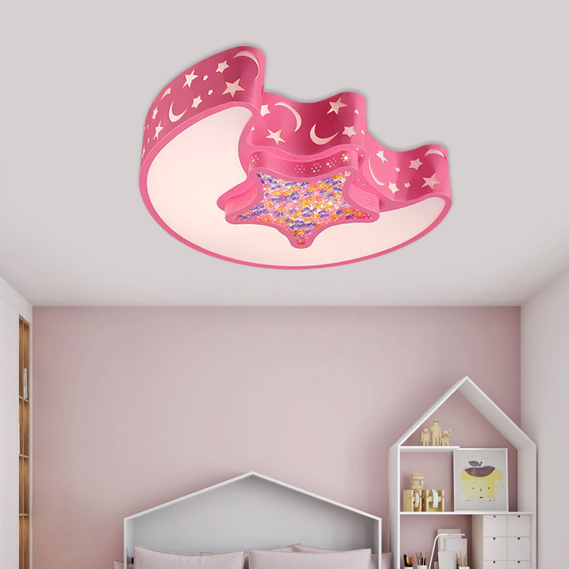 Contemporary Led Flush Pendant Light For Bedroom - Ceiling Mounted Fixture With Moon And Star Design