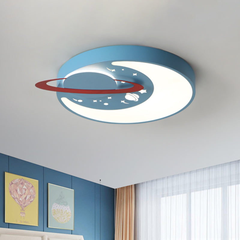Childrens Led Flush Mount Light Fixture In White/Blue With Moon And Planet Design Blue