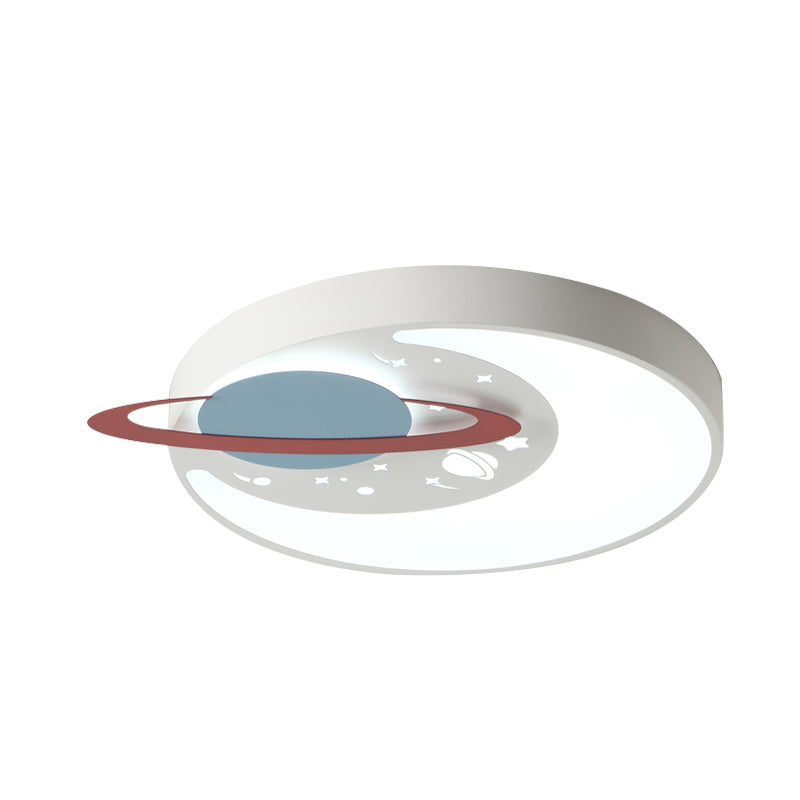 Childrens Led Flush Mount Light Fixture In White/Blue With Moon And Planet Design