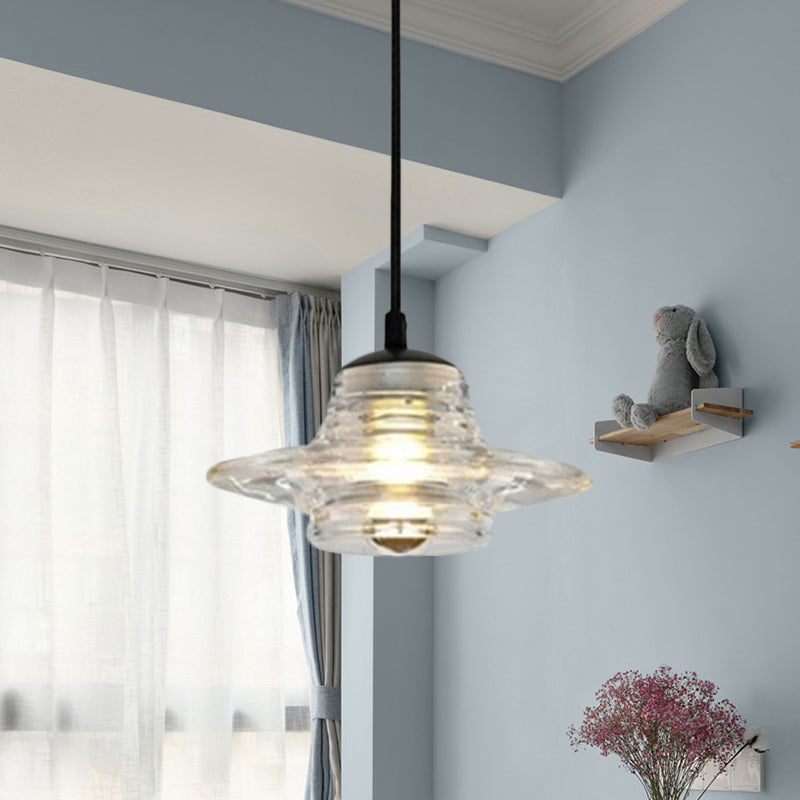 Modernist Clear Ruffle Glass Pendant Lamp - Cone/Dome/Flared Design 1-Light Black Ceiling Hanging